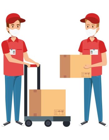 delivery-workers-wearing-face-masks-with-packages-free-vector